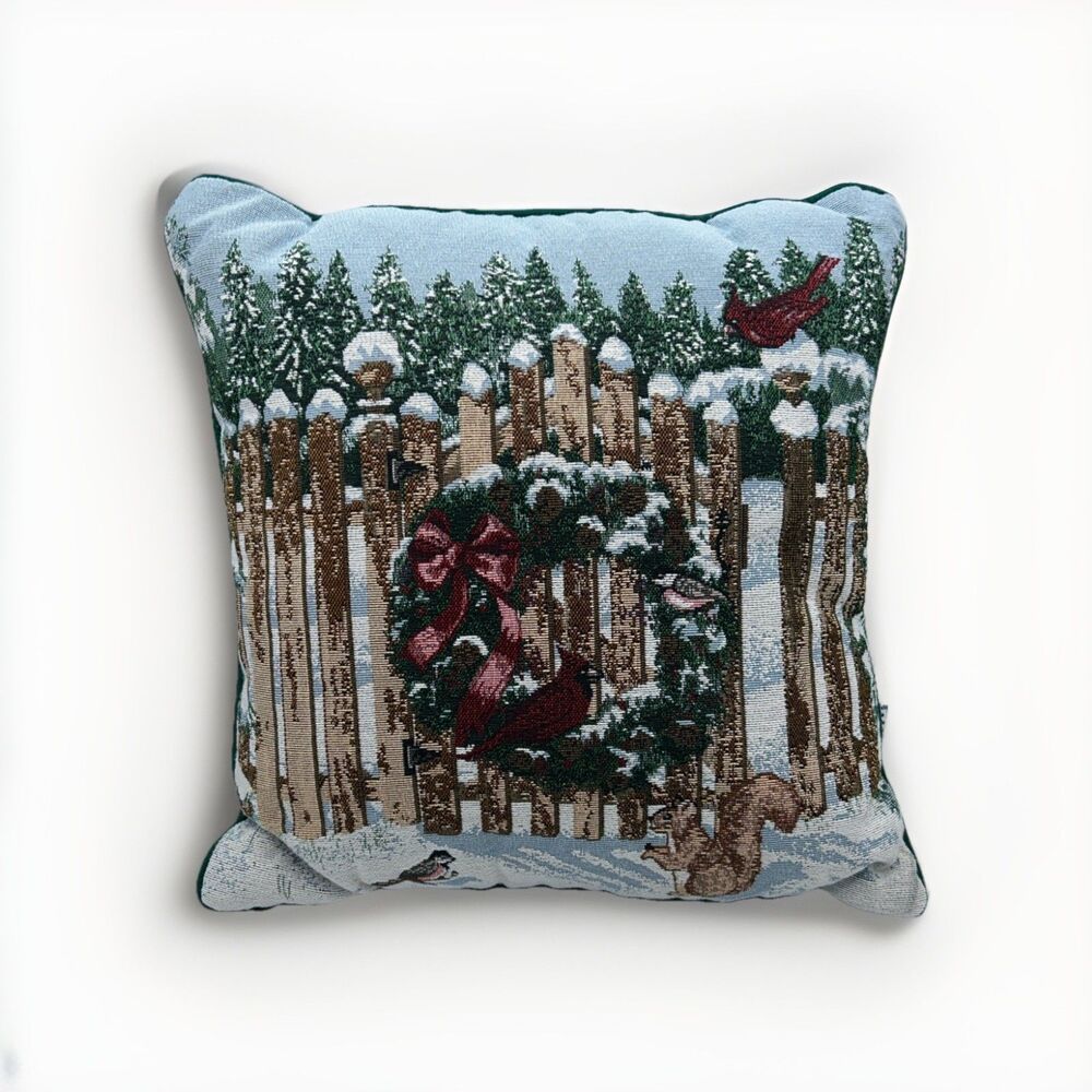 VTG Riverdale Christmas Pillow 15x15 Cardinal Squirrel Wreath Fence Snow USA EUC